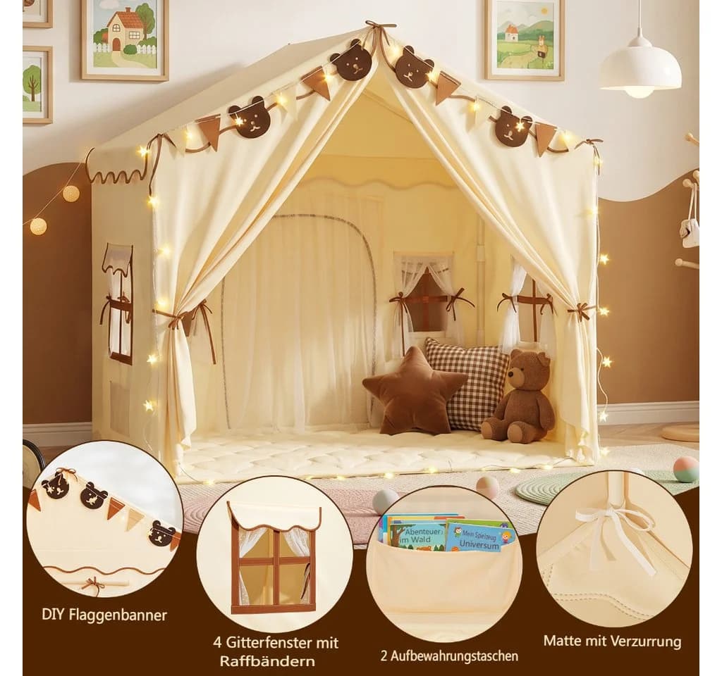 Insma 2-in-1 Kinderzelt Beige mit Sternenlicht und Spielmatte