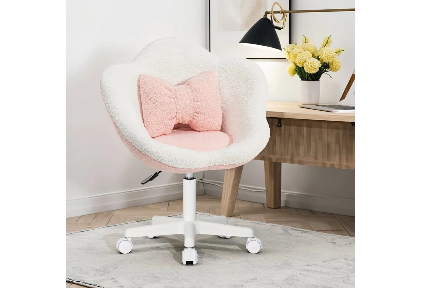 Hoffree Kinderstuhl Rosa Ergonomischer Drehstuhl mit Lendenkissen