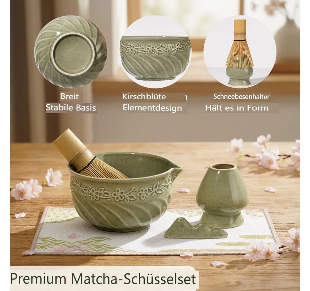 VONATES Matcha Set 9-teilig Keramik Bambus Grün/Rosa