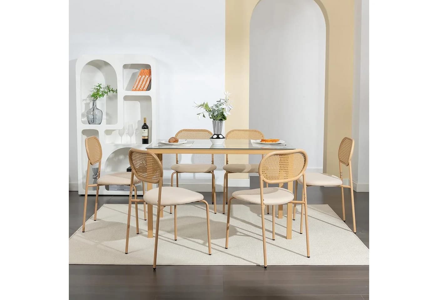 FUROKOY Esszimmerstuhl Rattan 2er Set Kunstleder Metallbeine Holzfarbe