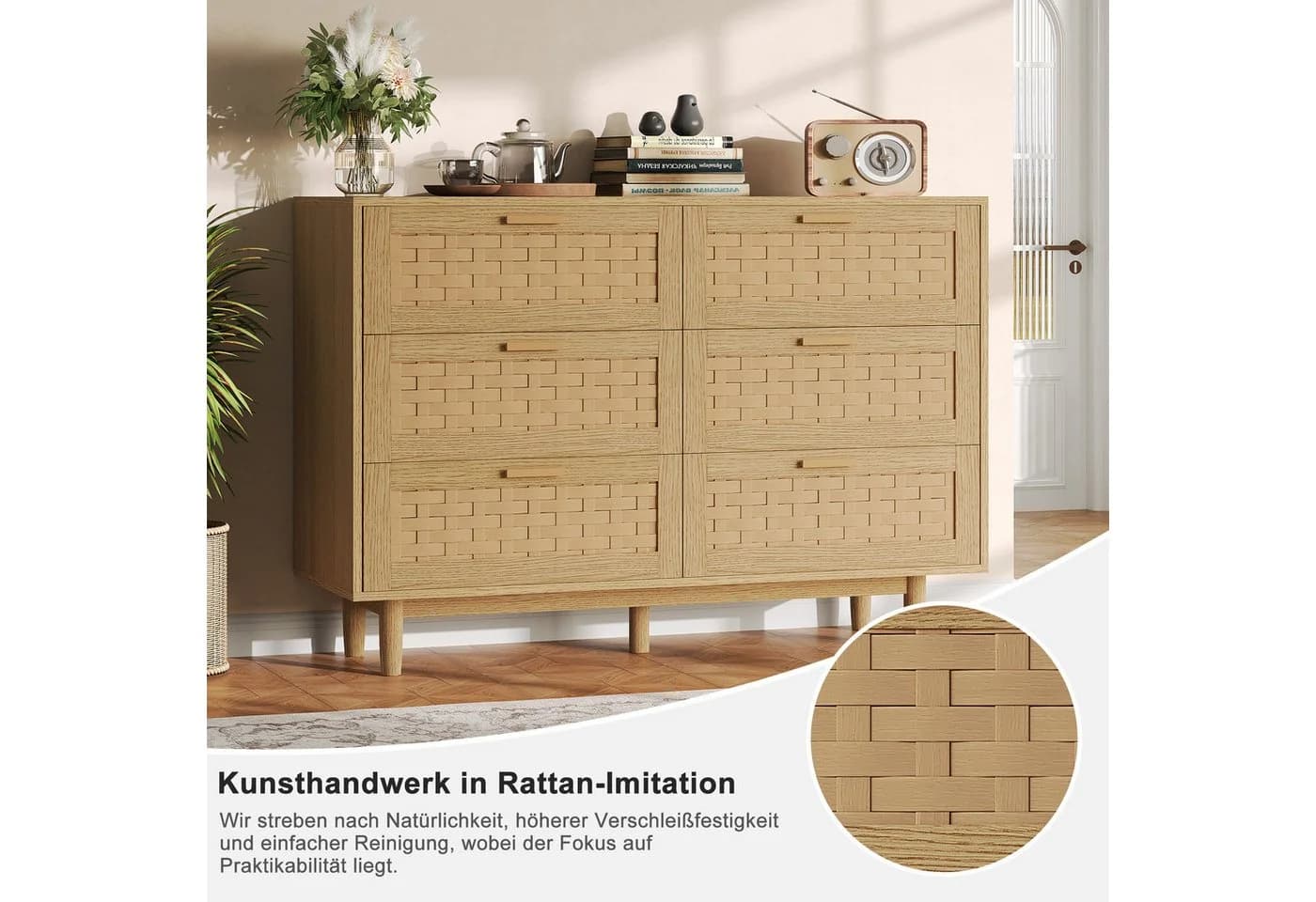 zebery Kommode 6 Schubladen Sideboard Naturholz Rattan