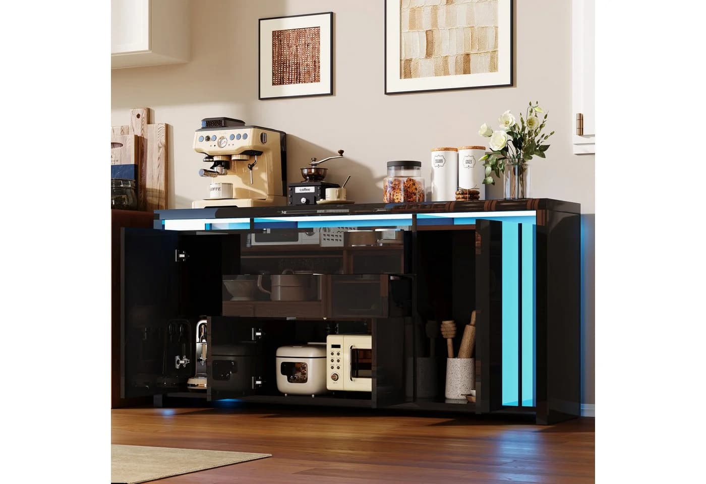 Gdood Sideboard mit 4 Türen LED Hochglanz Kommode Buffet
