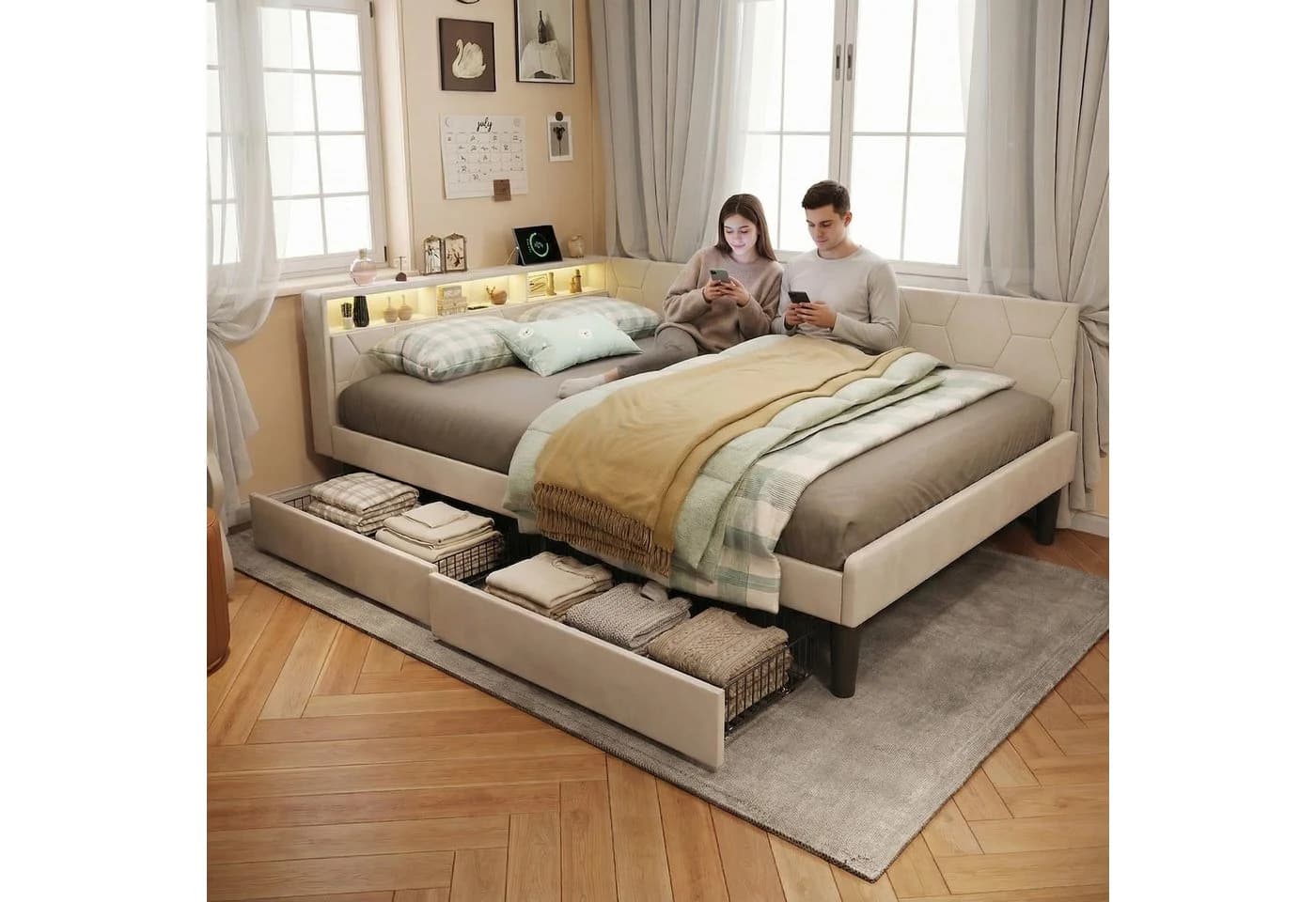 Furnishings Home LED Polsterbett 90 x 200 cm mit LED-Beleuchtung und Ladefunktion