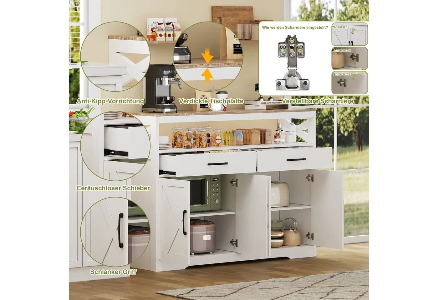 FUROKOY Sideboard Weiß 4 Türen 2 Schubladen