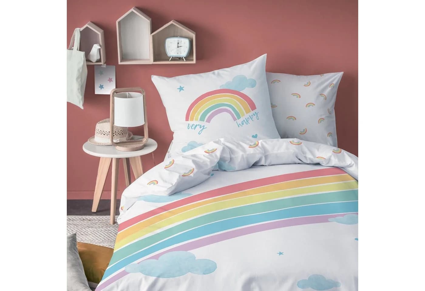 MTOnlinehandel Kinderbettwäsche Regenbogen Biber 135x200 + 80x80 cm