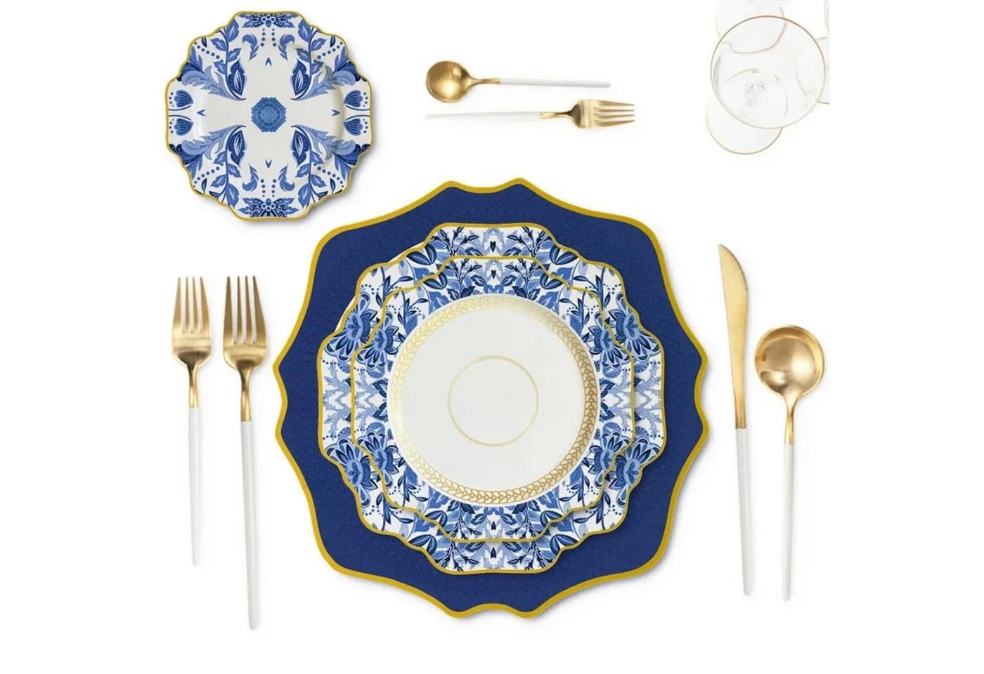 Quality Elegance Teller-Set 4-tlg. Blau Gold Bone China