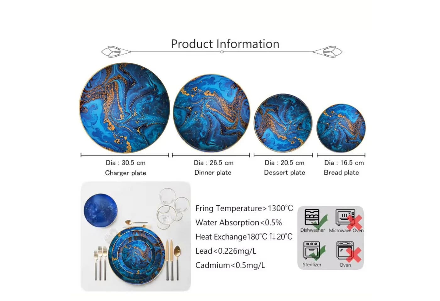 Quality Elegance Speiseteller Blue Planet Gold Rimmed Keramik Tellerset 4-teilig