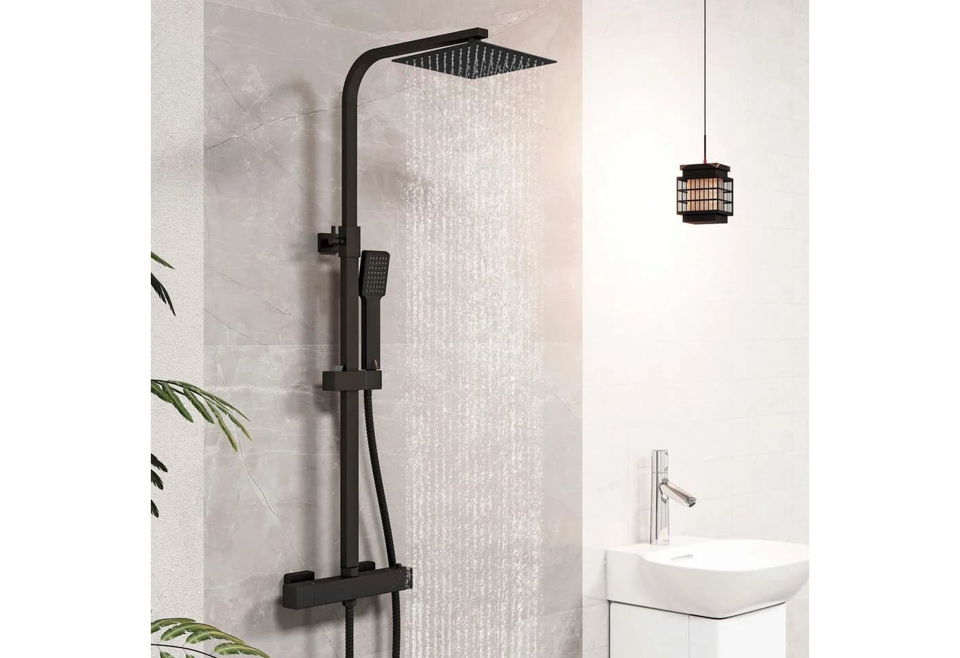 Aica Sanitär Duschsystem mit Thermostat Regendusche Schwarz