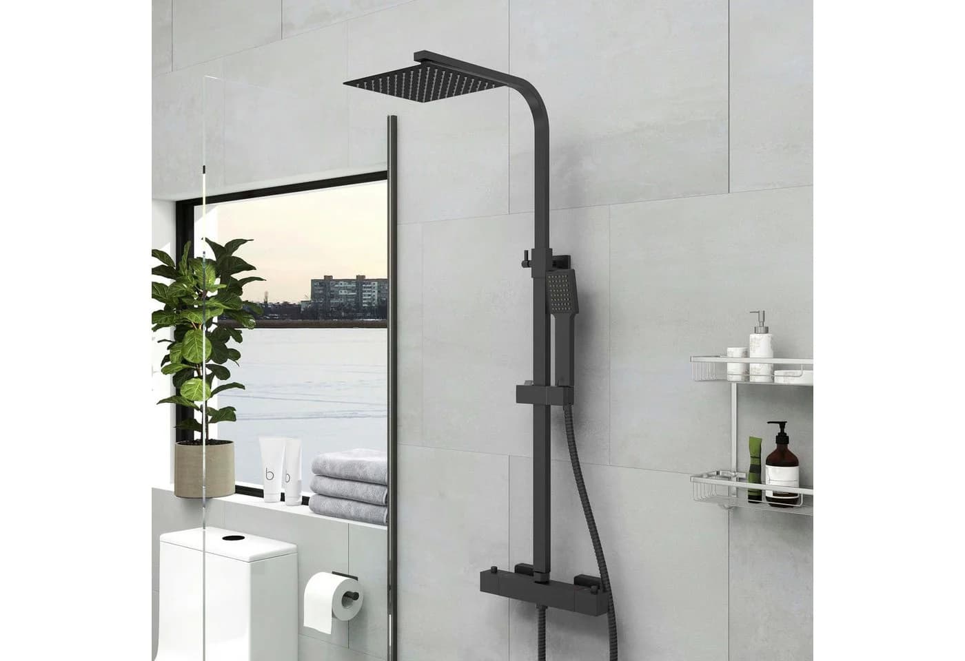duschspa Duschsystem mit Thermostat 38°C verstellbare Duschstange Edelstahl quadratische Regendusche 20x20cm