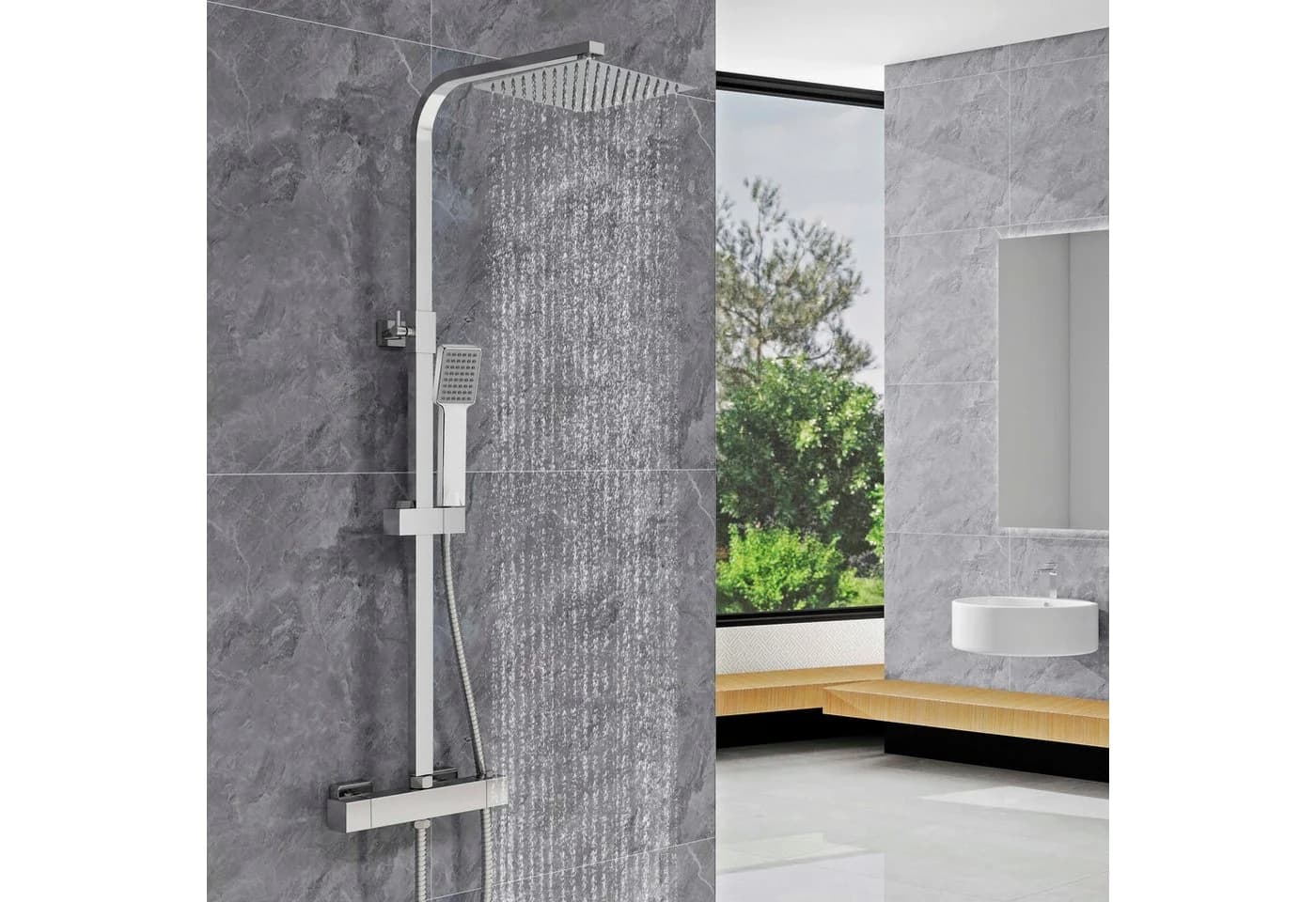 Aica Sanitär Thermostat-Duschset 38°C mit Regendusche & Handbrause Edelstahl