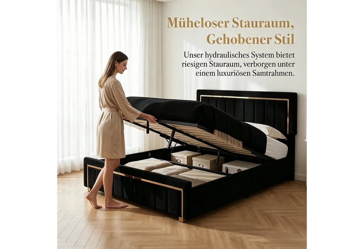 PXloue Polsterbett Stauraumbett Doppelbett Hochklappbares Bett 160x200 cm Samtbezug