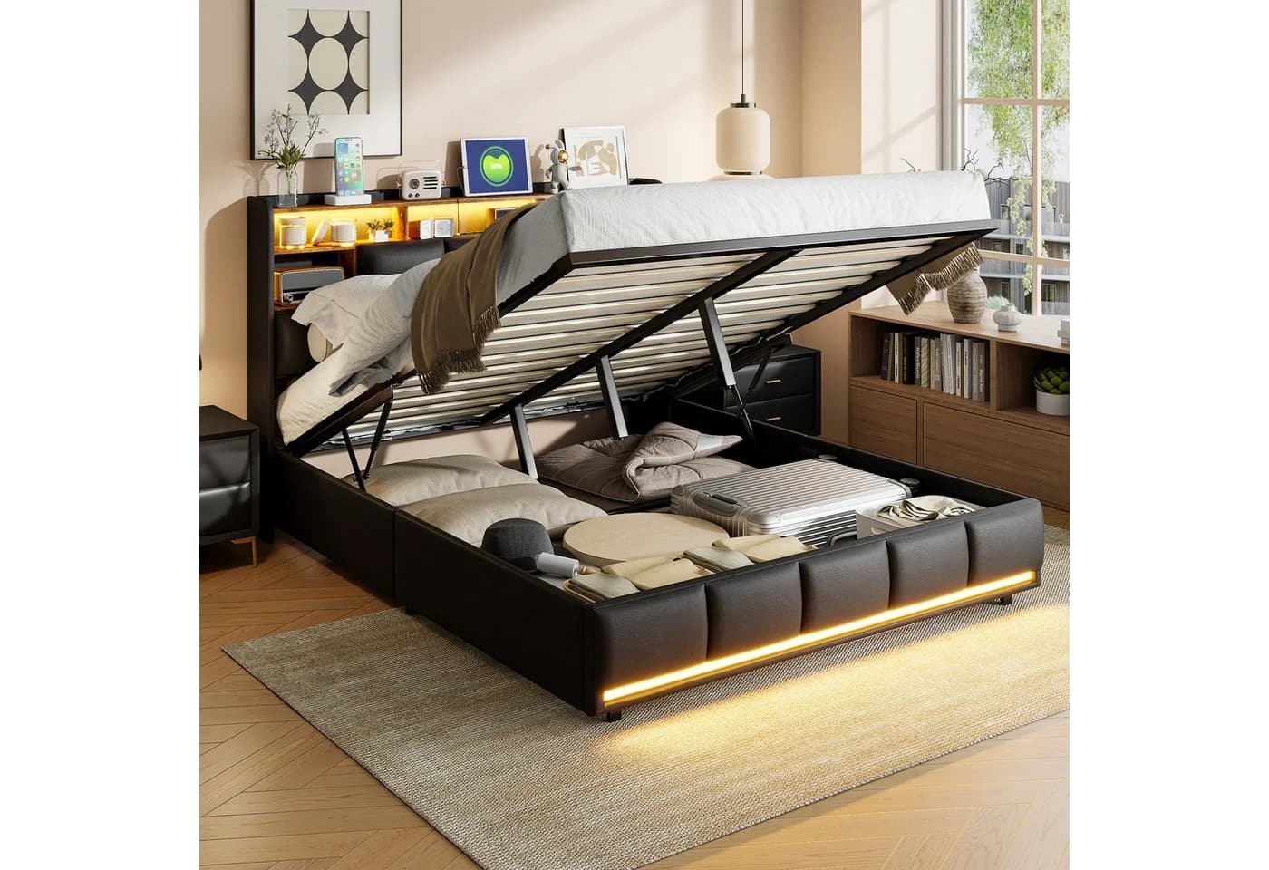 PXloue Polsterbett LED Doppelbett mit Stauraum und Ladestation