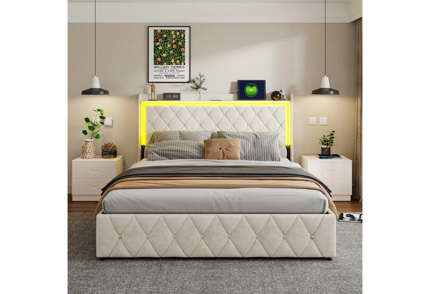 PXloue Funktionsbett Polsterbett Beige Hydraulisch mit LED