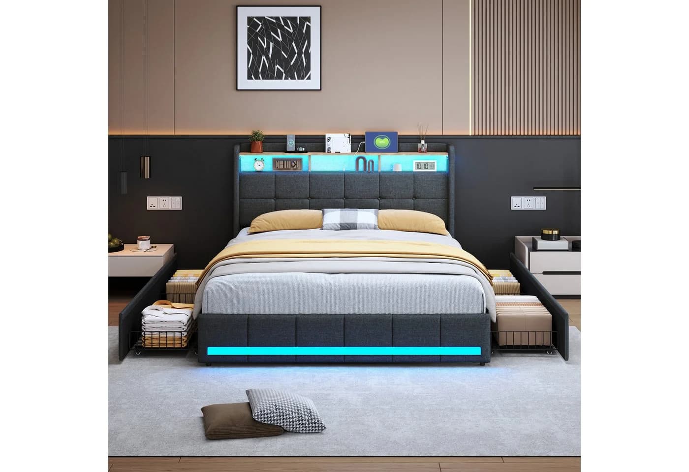 PXloue Funktionsbett Polsterbett mit USB, Stauraum & LED Leinen Grau