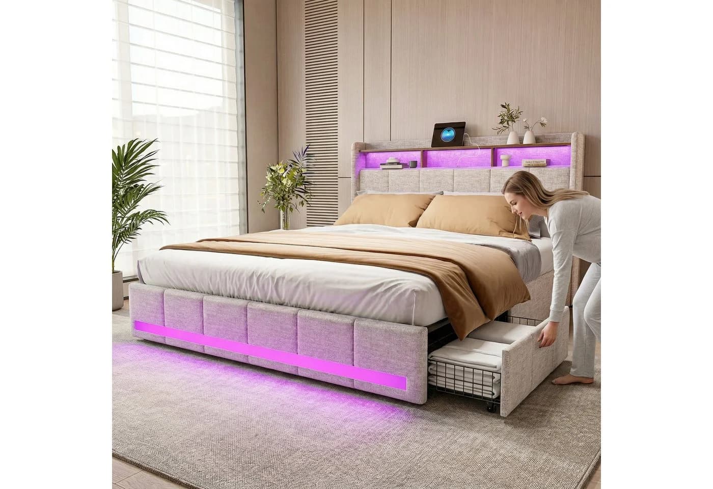 PXloue Funktionsbett Polsterbett Doppelbett mit USB und Stauraum
