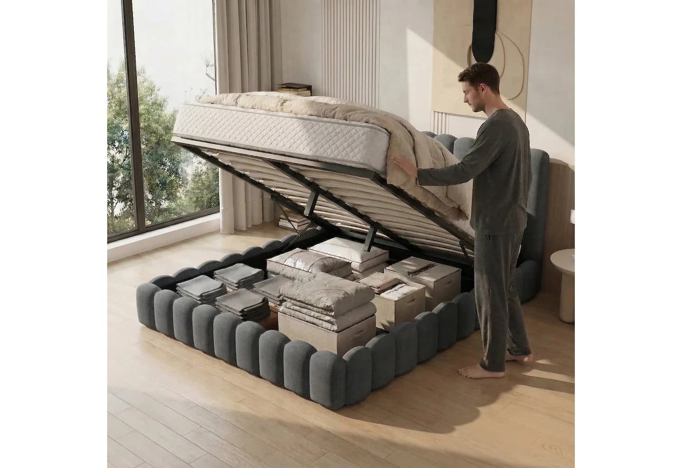 Furnishings Home Polsterbett mit LED, USB & Bettkasten Grau