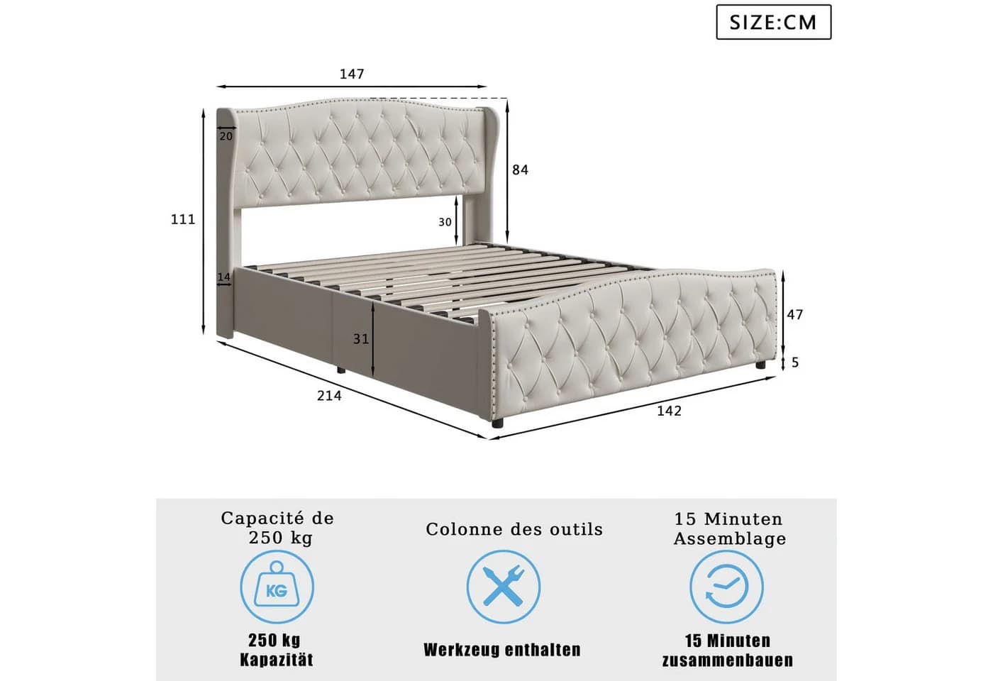 Gdood Polsterbett Stauraumbett Chesterfield Samt beige/grau