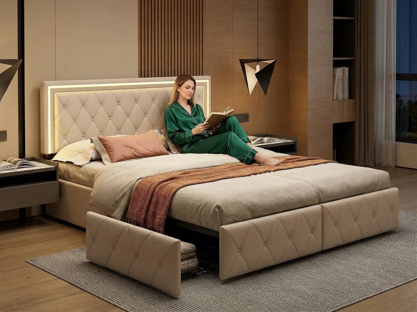 Furnishings Home LED Polsterbett mit Stauraum und verstellbarem Kopfteil