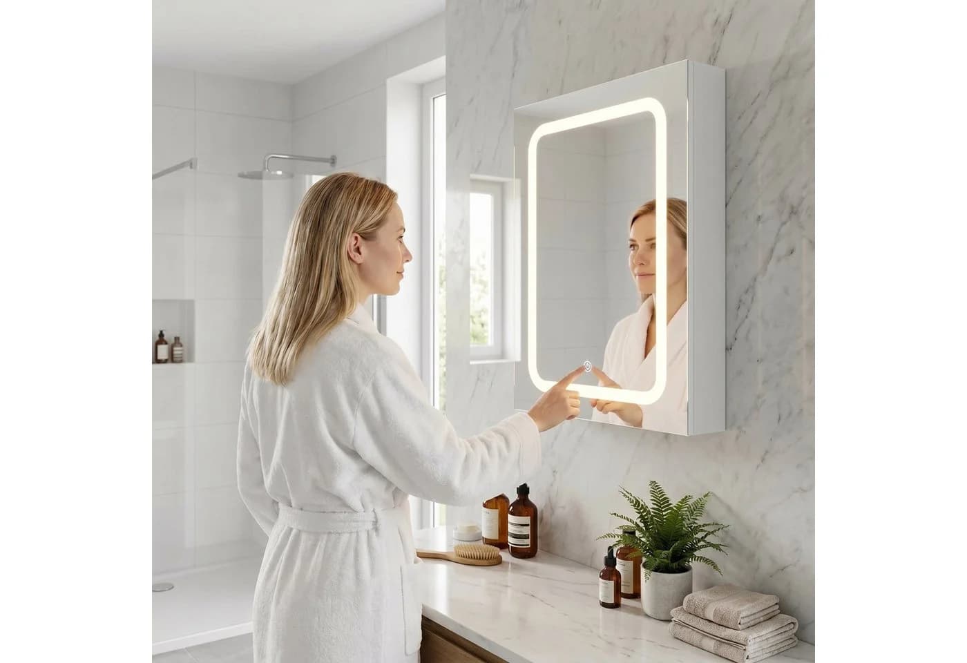 Furnishings Home Badezimmerspiegelschrank Weiß LED Beleuchtung Touchschalter
