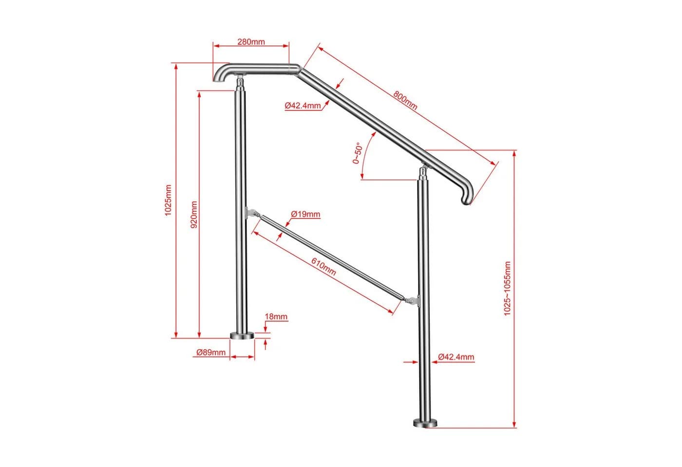duschspa Handlauf 2–5 Stufen Edelstahl Geländer Silber/Schwarz 108/136/162 cm