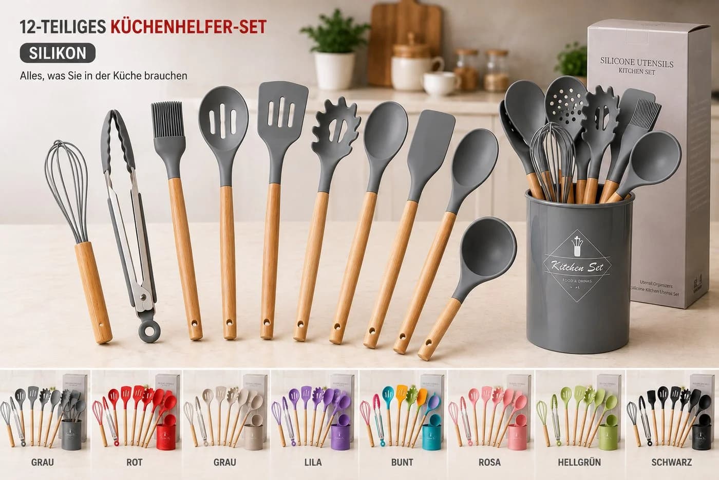 Faizee Möbel Kochbesteck-Set 12tlg. Silikon & Holz Schwarz
