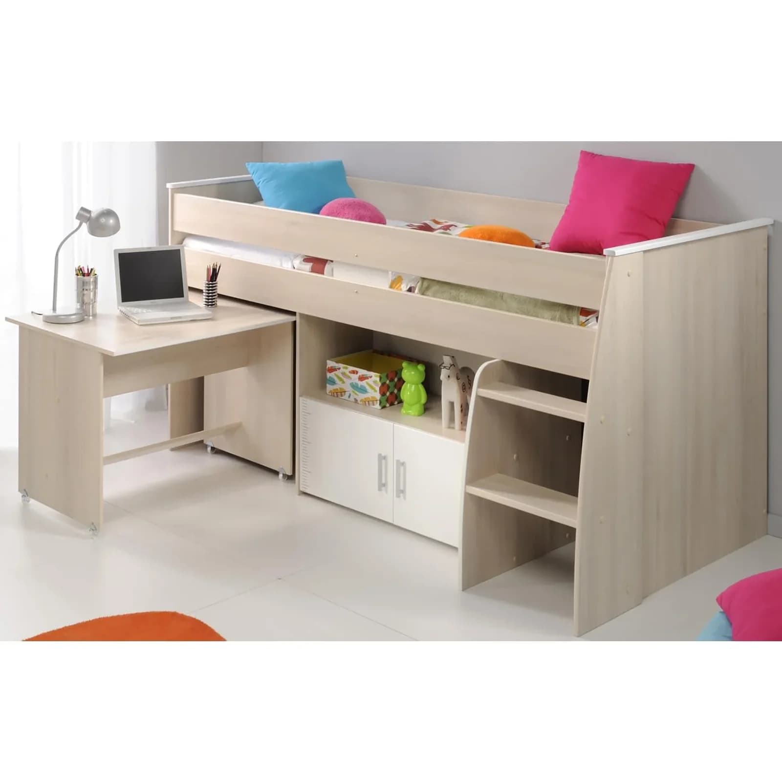 Parisot Hochbett Charly mit Schreibtisch und Stauraum Weiß