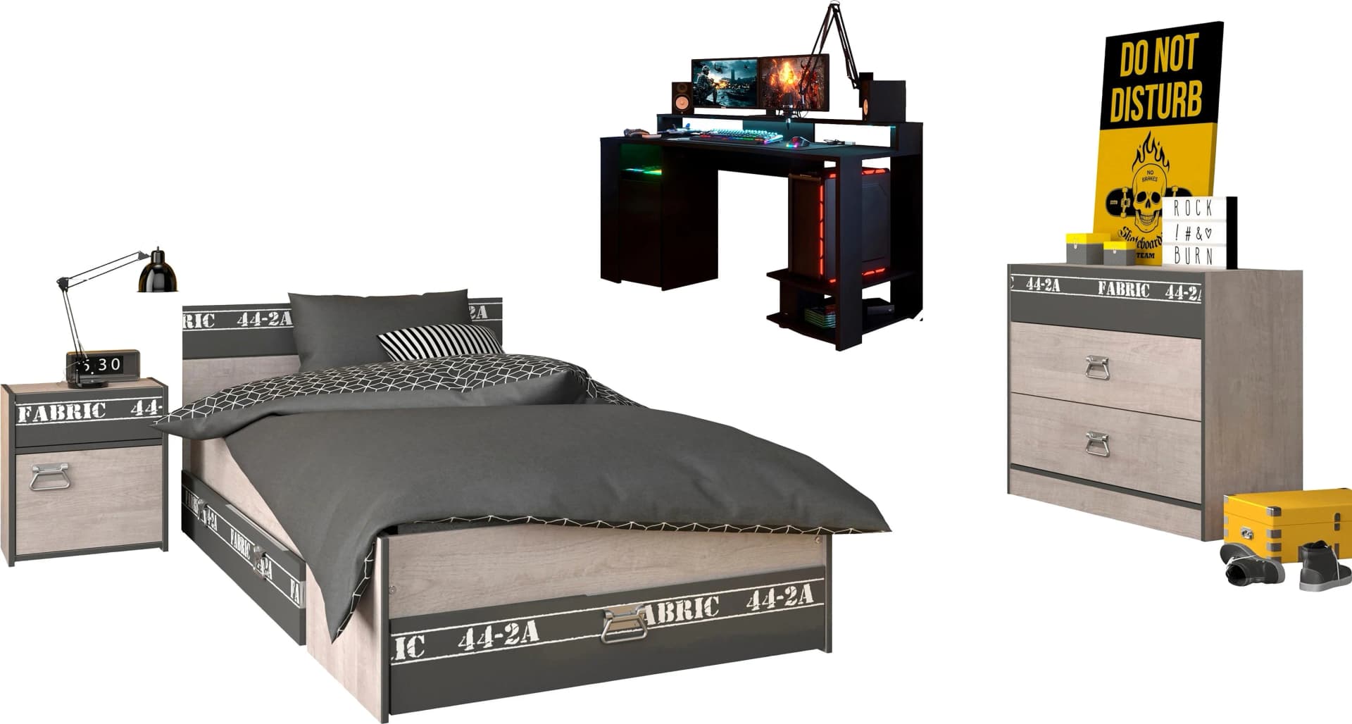 PARISOT Jugendzimmer-Set Fabric 21 Grau Gaming-Schreibtisch LED