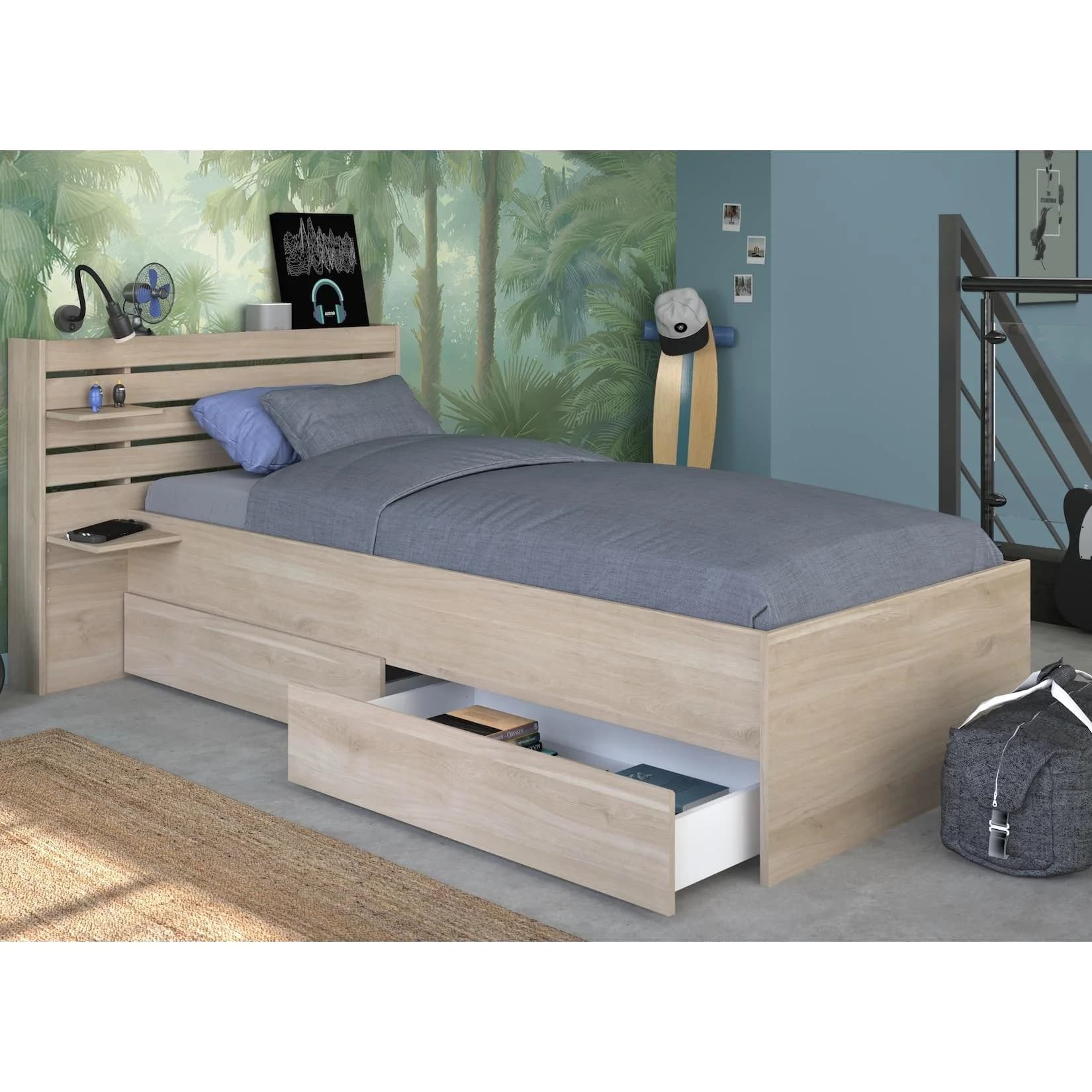 Parisot Stauraumbett Escale Beige Japanische Eiche mit 2 Schubkästen
