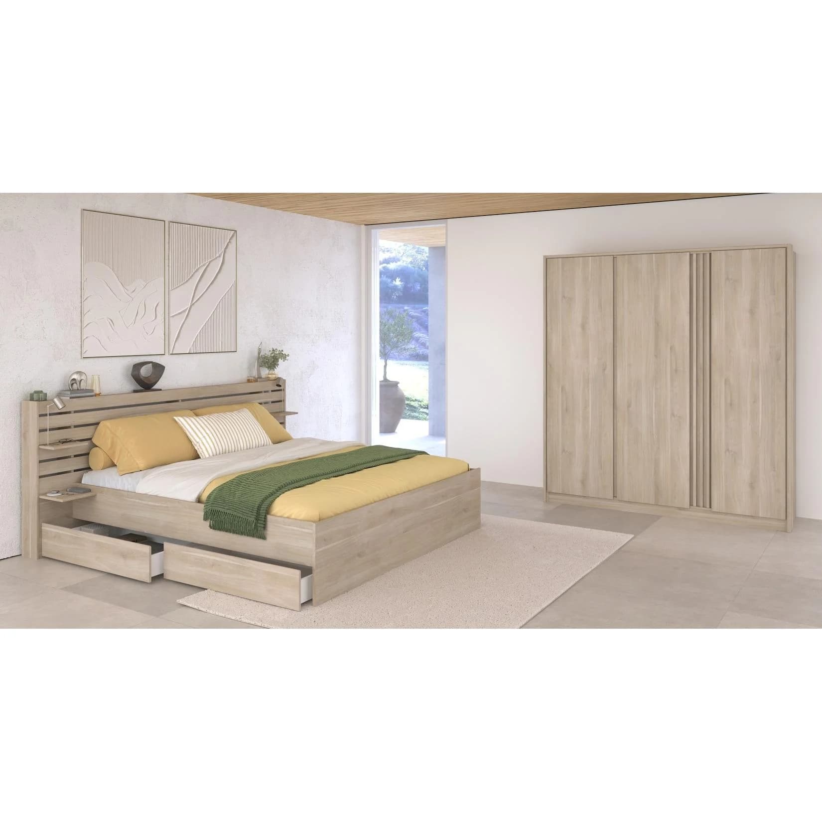Parisot Schlafzimmer-Set Escale Braun Eiche Stauraumbett Kleiderschrank