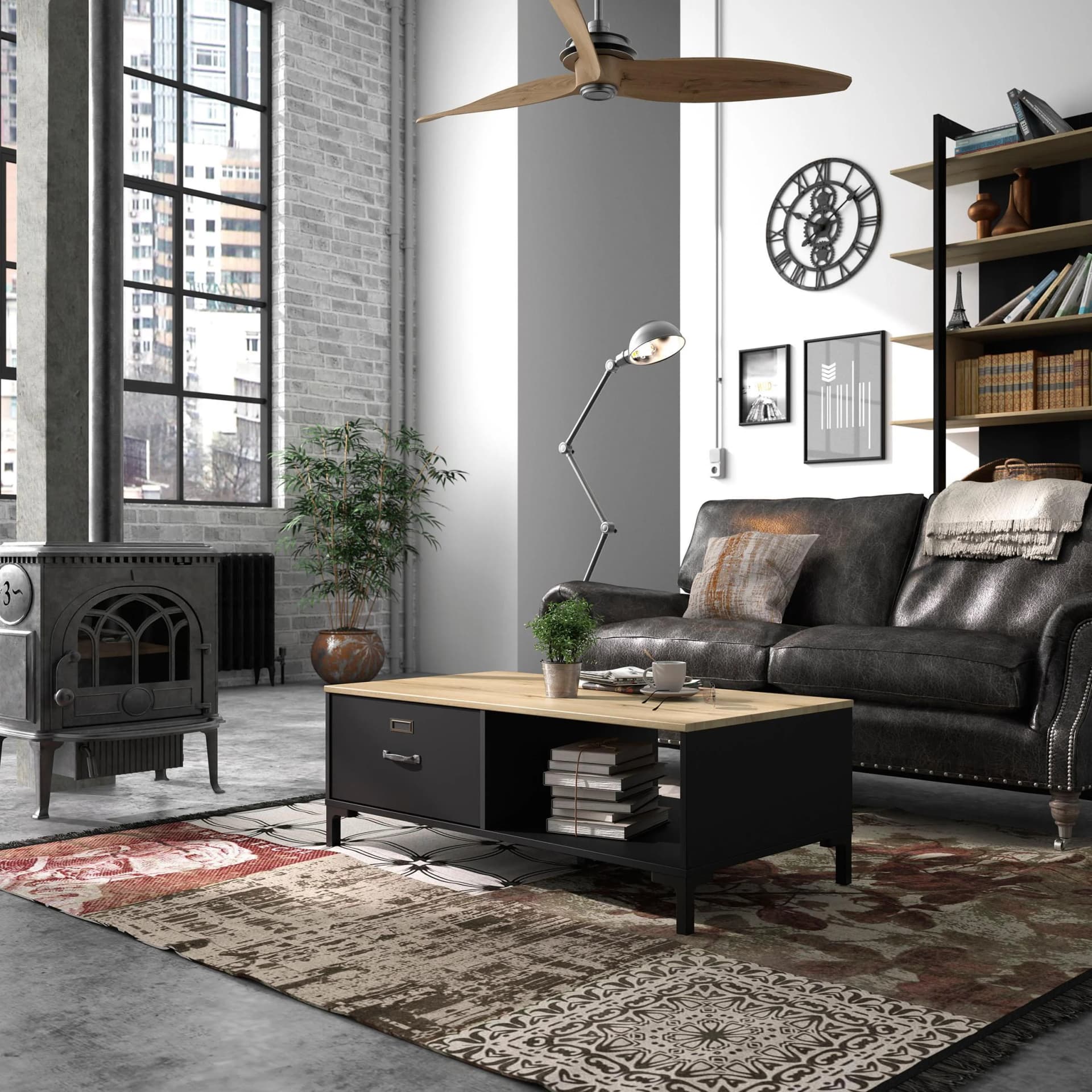 Couchtisch GAMI Manchester Schwarz Eiche Helvezia mit Schublade