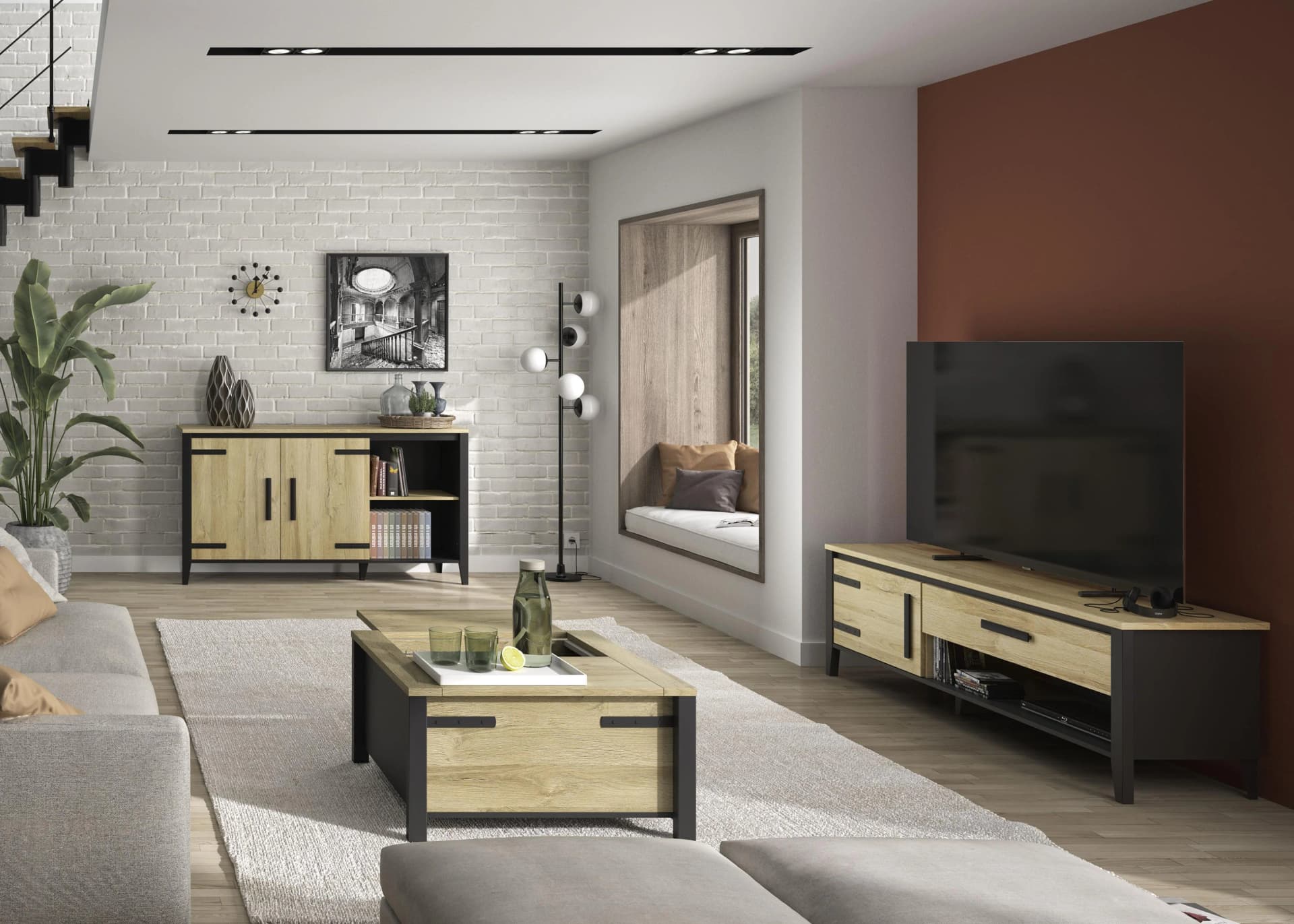 Couchtisch GAMI Goldeneiche Schwarz Verstellbar mit Stauraum