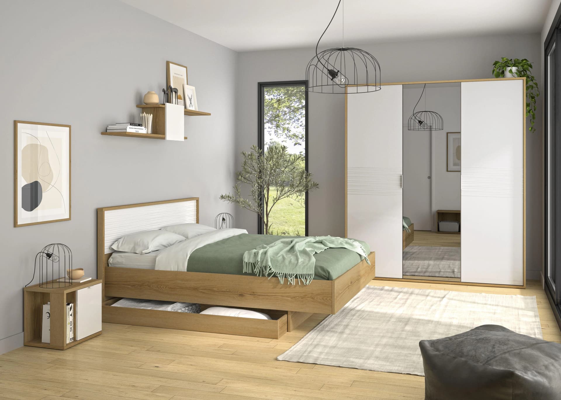 Einzelbett GAMI Weiß Braun Helvezia Eiche Nachbildung Kopfteil Relief