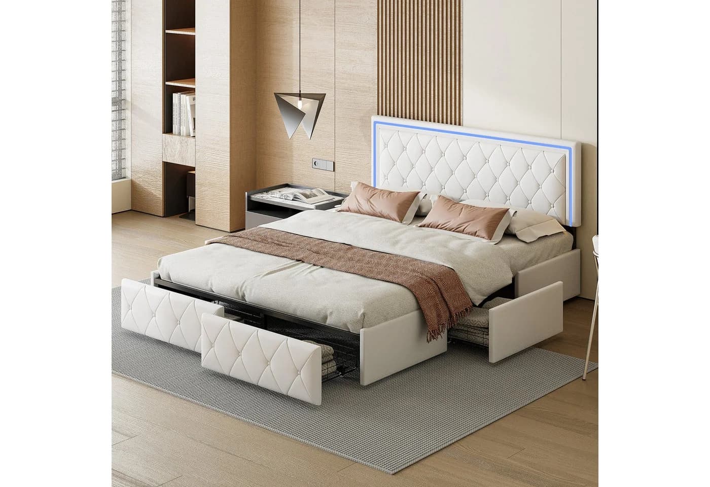 FUROKOY Stauraumbett mit 4 Schubladen Beige Kunstleder