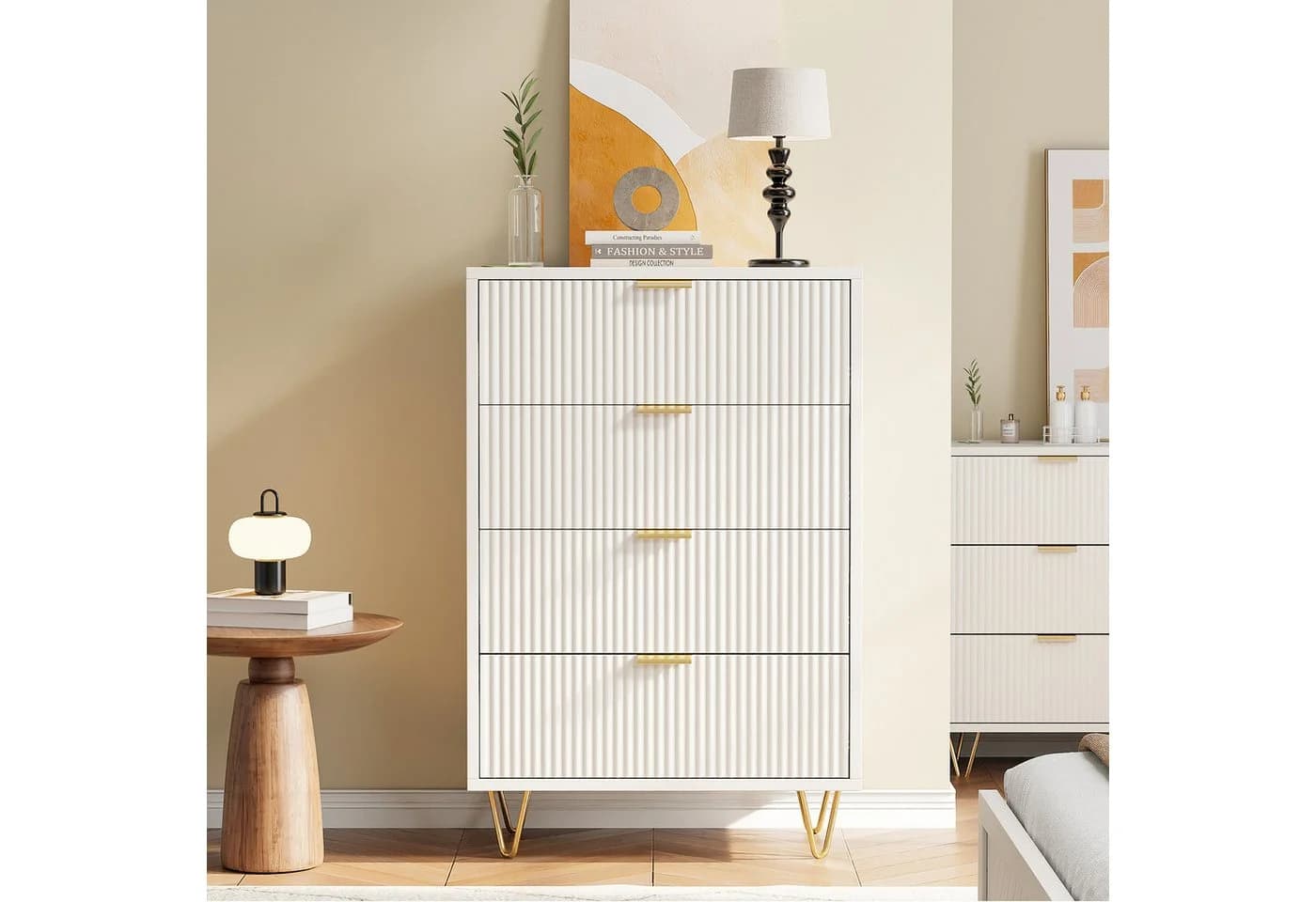 FUROKOY Kommode Weiß Sideboard Schrank Highboard mit 4 Schubladen und Metallbeinen