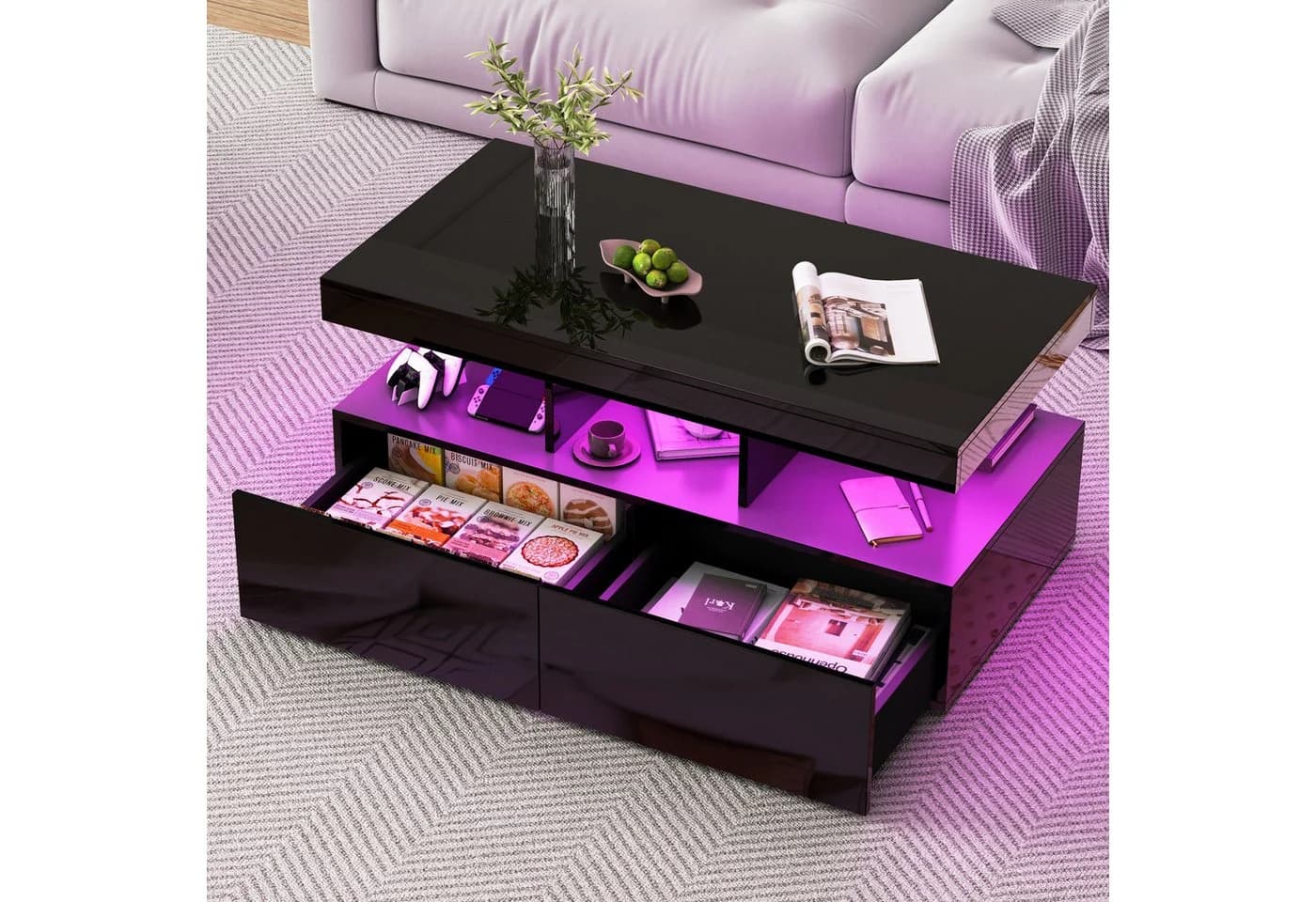 FUROKOY Couchtisch Modern Hochglanz Schwarz mit LED-Beleuchtung und Stauraum