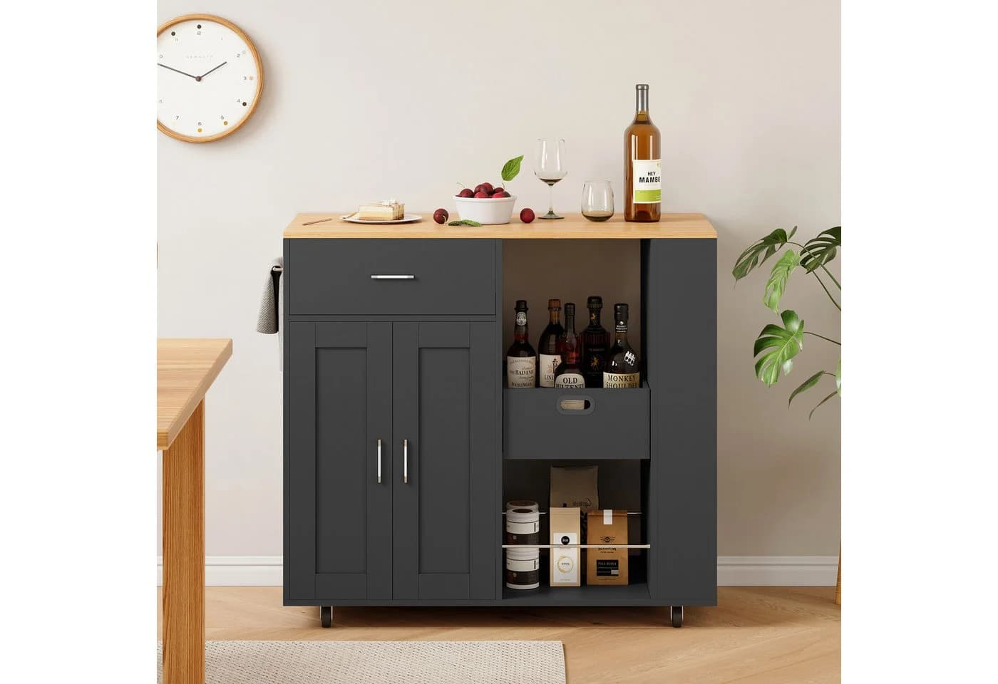 FUROKOY Kücheninsel Küchenwagen auf Rollen, Holz, 102 x 46 x 92 cm, Schwarz