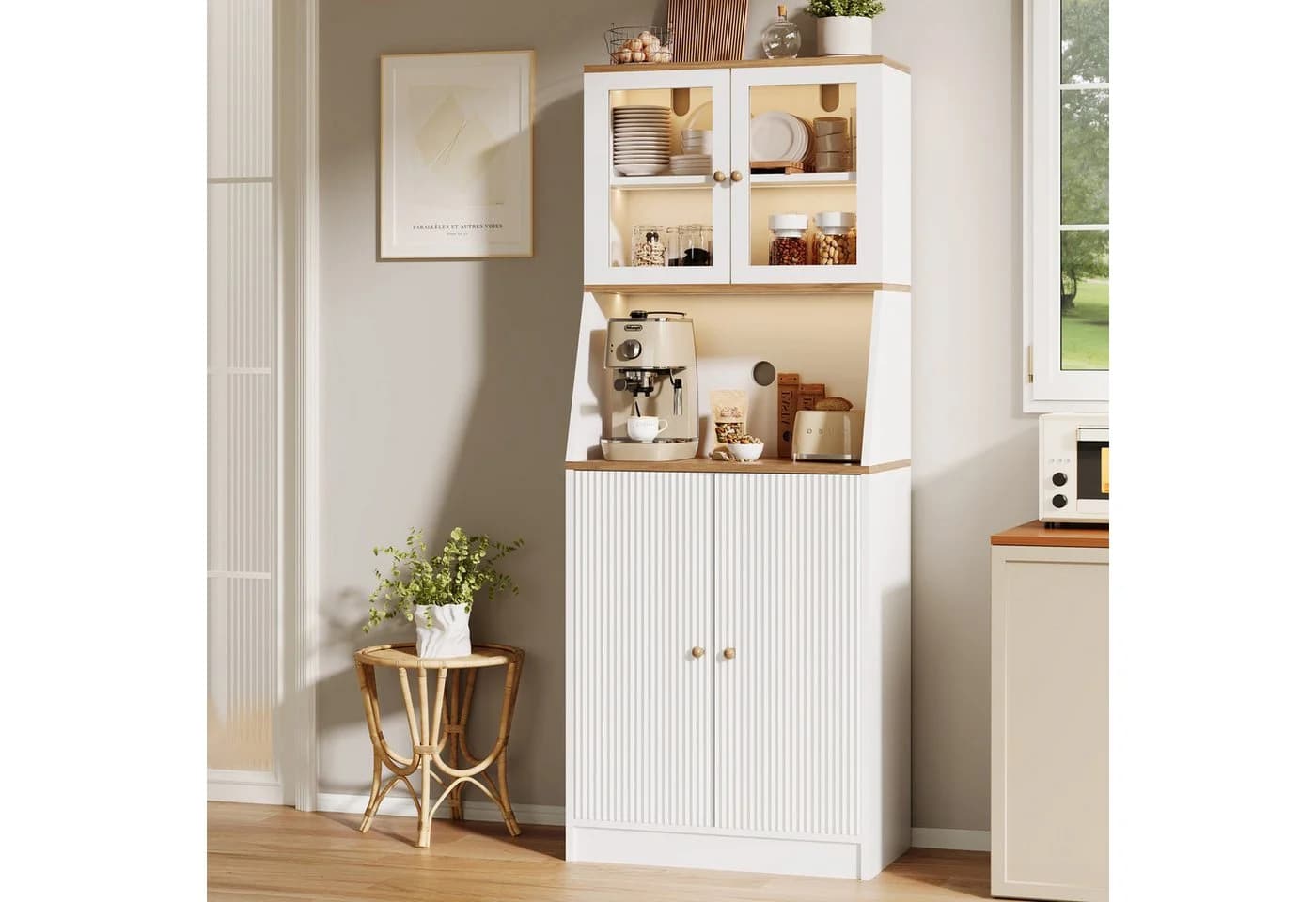 FUROKOY Küchenbuffet Hochschrank 4 Türen Weiß Holzspanplatte