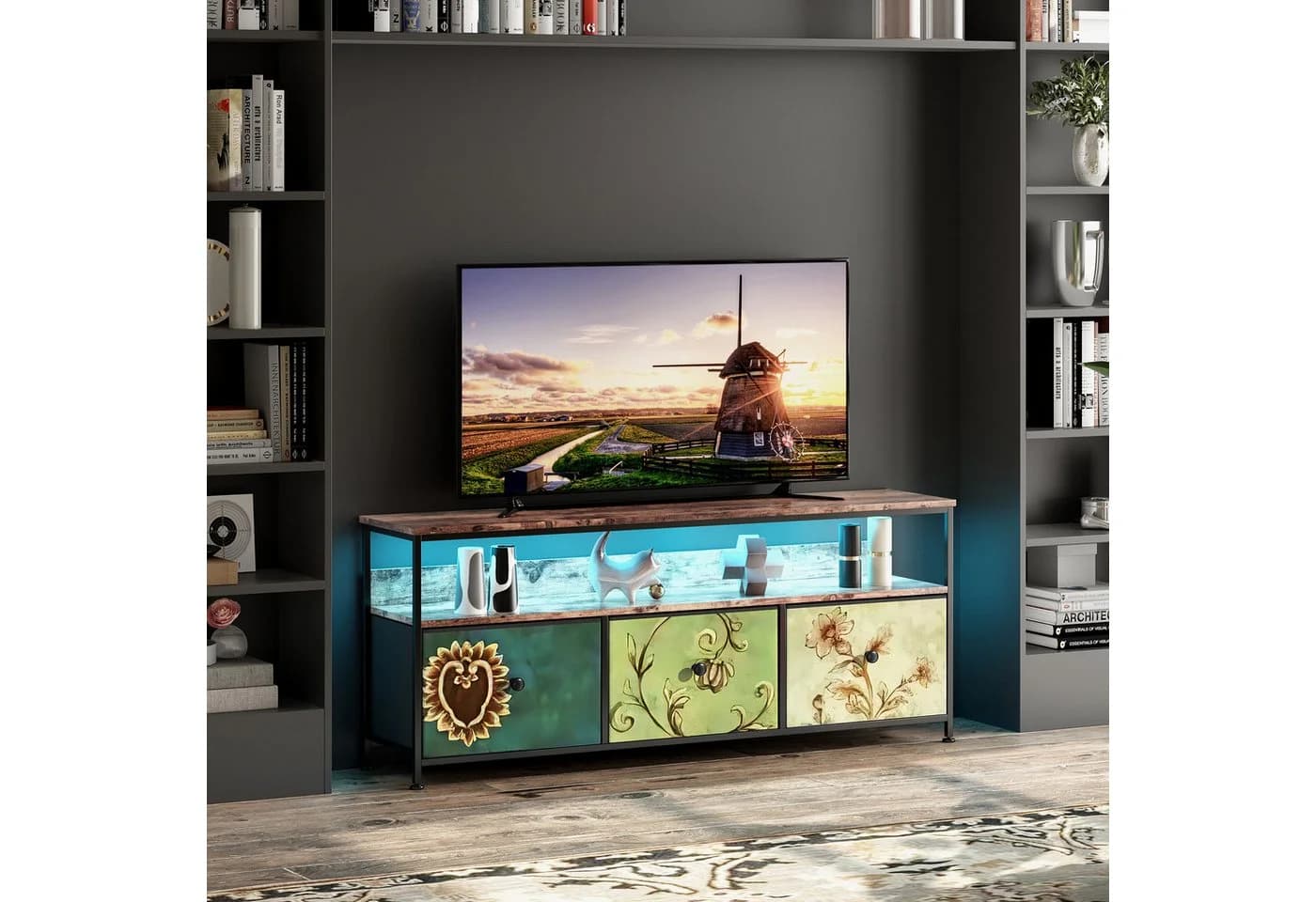 BELUPAI Lowboard TV Schrank mit LED und Stoff-Schubladen Vintage-Muster