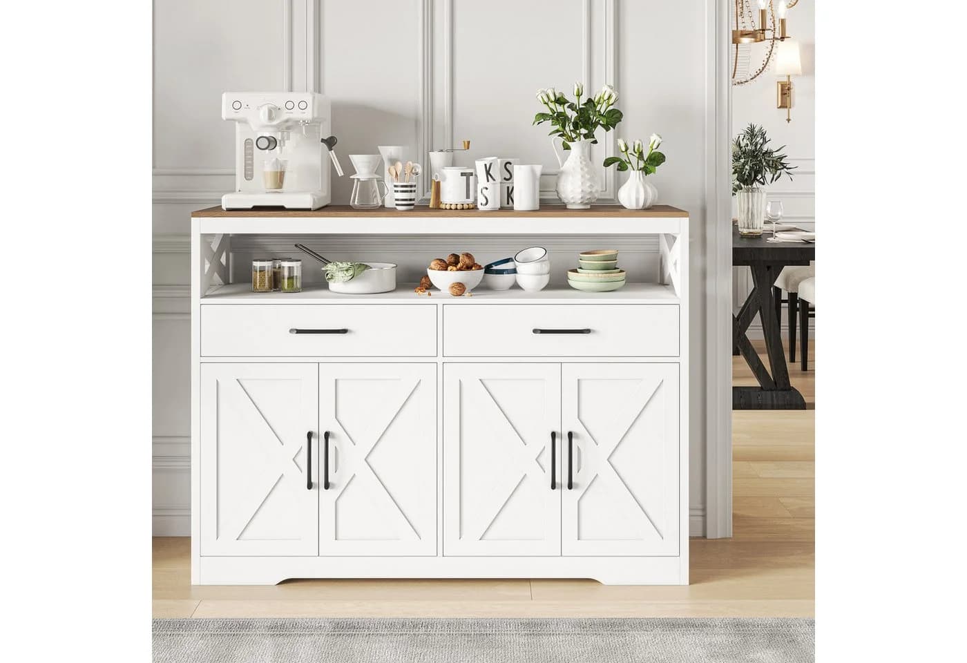 zebery Buffet Sideboard Landhausstil Braun/Weiß mit Schubladen