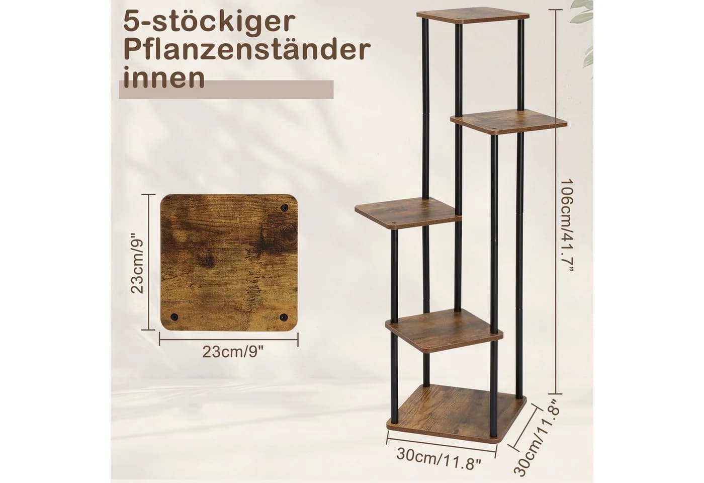 LALAHO 5-Etagen Blumenständer Braun Holz Metall