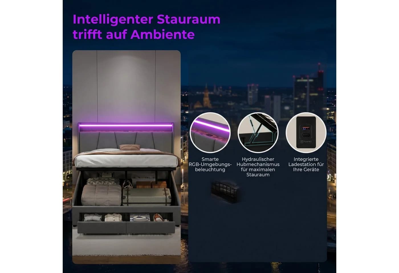 Gdood Polsterbett Stauraumbett LED Doppelbett Grau Leinen
