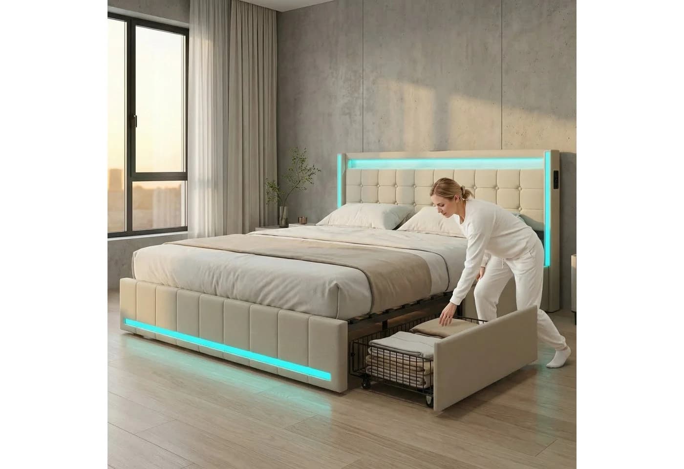 Simurq Polsterbett mit LED-Beleuchtung und Ladefunktion Beige