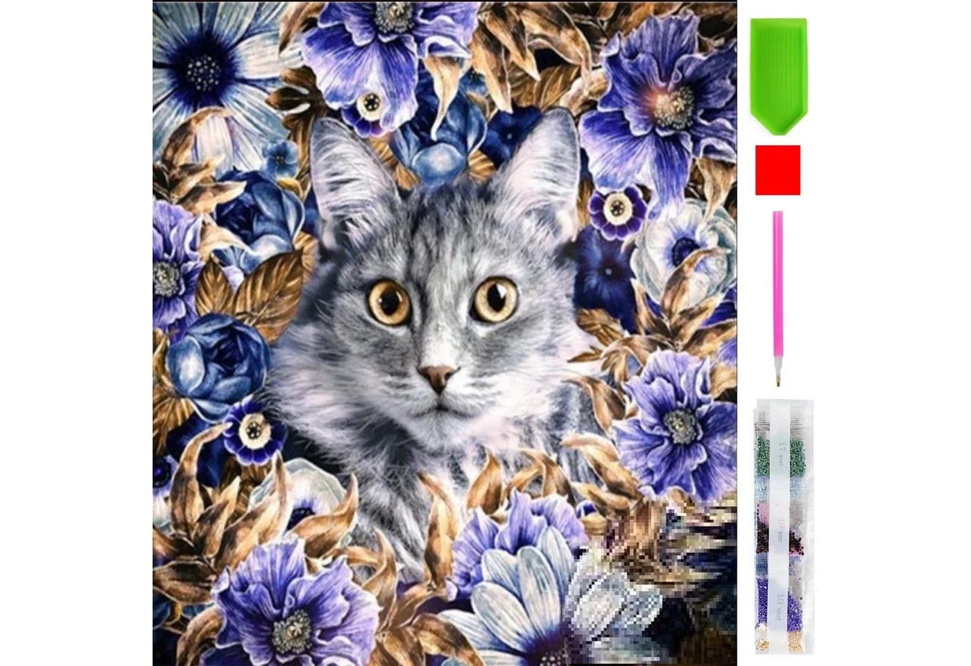 LA CUTE 5D Diamond Painting Katze mit Blumen 20x20cm