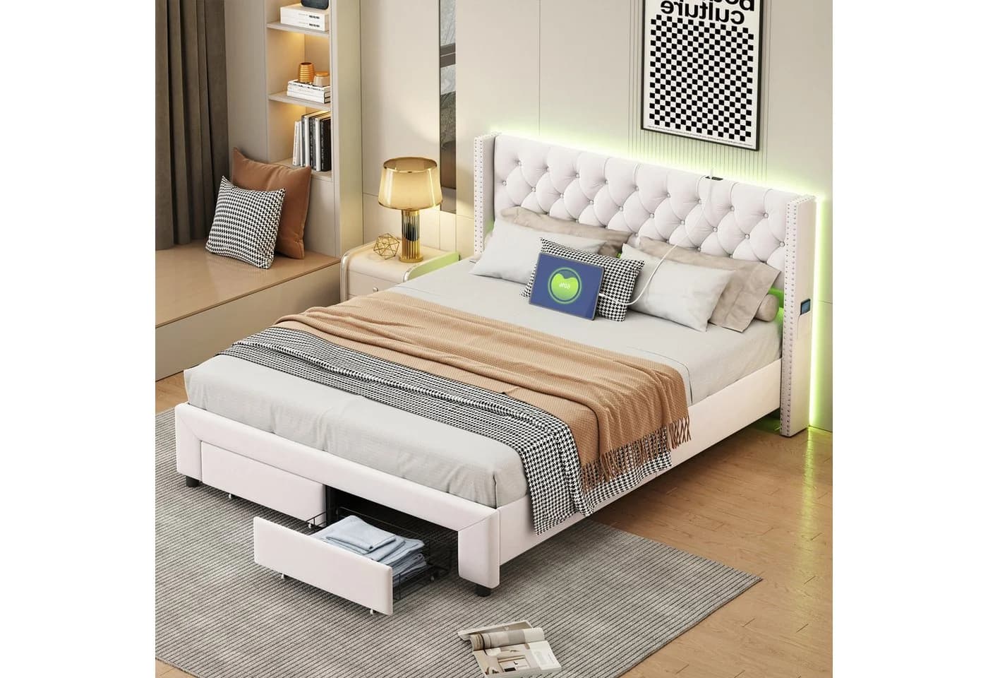 ADWOLT Polsterbett Beige mit LED, USB & Schubladen