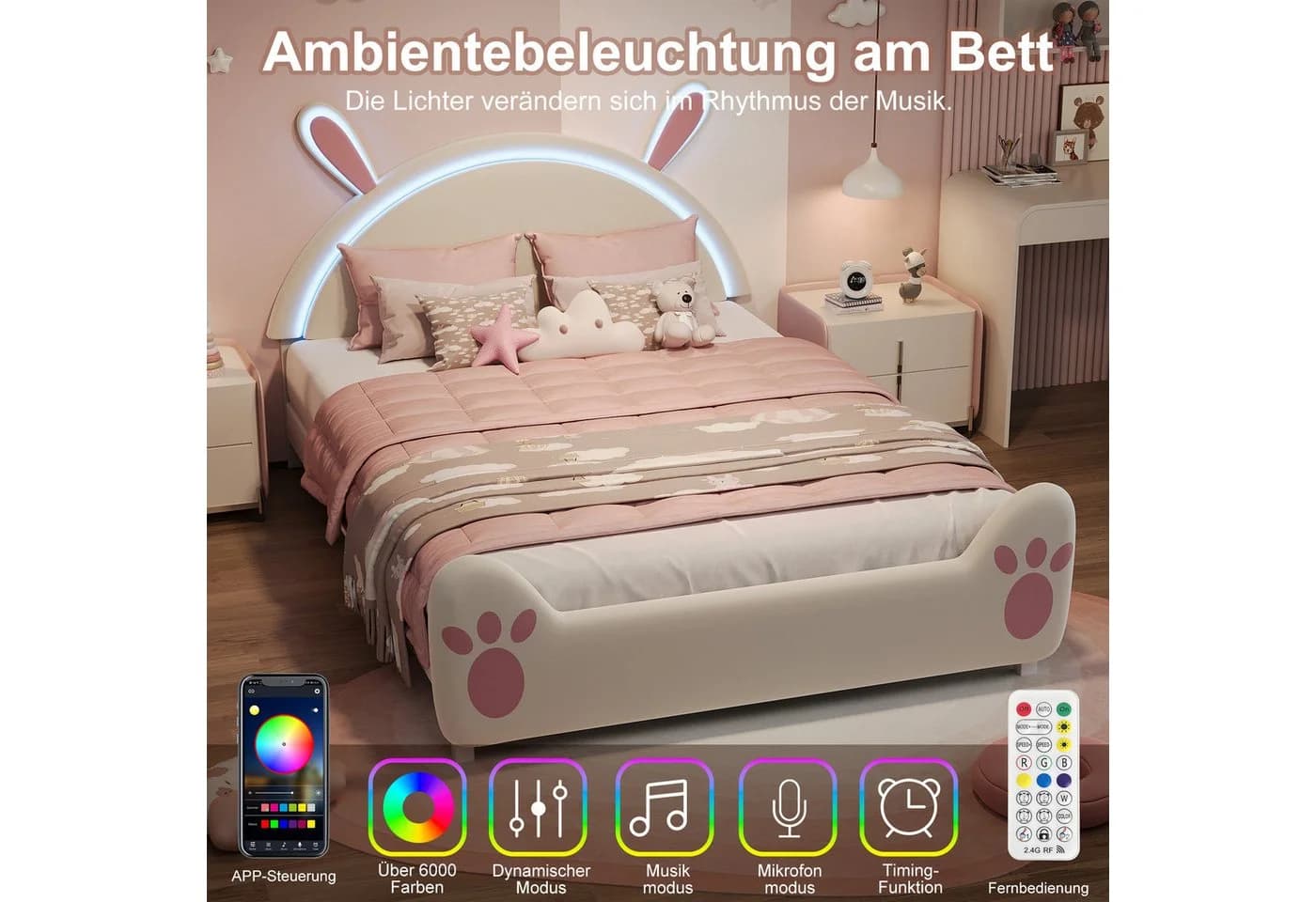 ADWOLT Samt Polsterbett Hasenform Rosa/Weiß mit LED-Lichtleiste