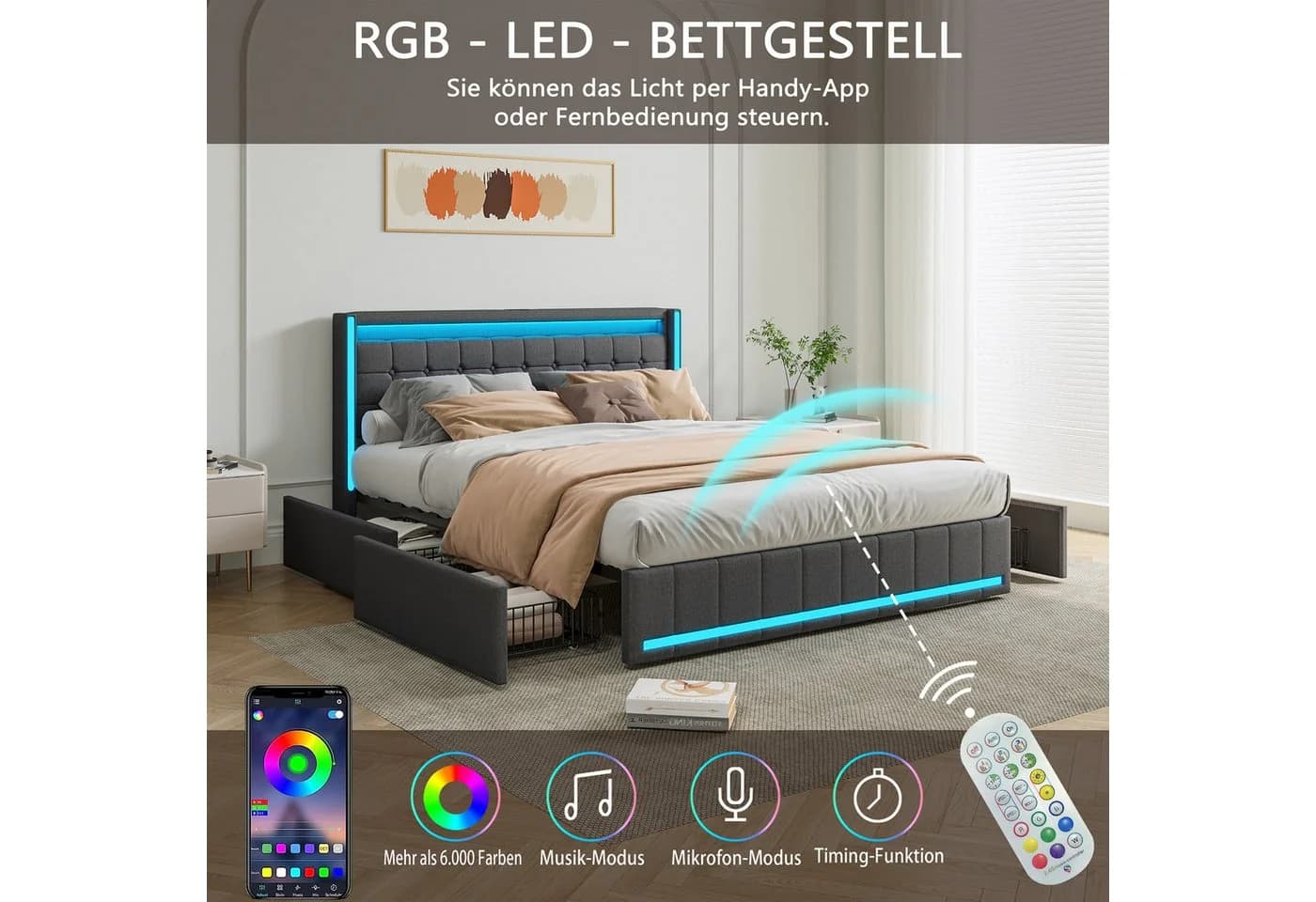 ADWOLT Polsterbett 140x200 Grau mit LED Licht & Schubladen