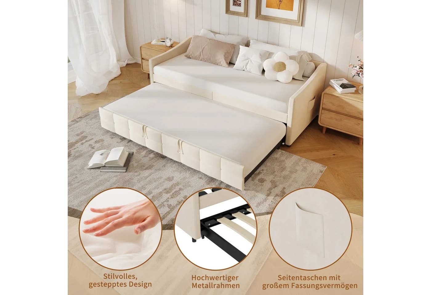 FUROKOY Schlafsofa Beige Samt mit Ausziehmechanismus