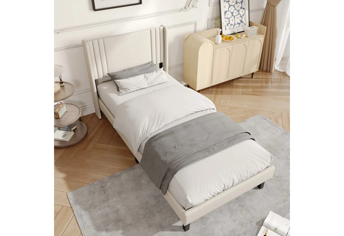 ADWOLT Polsterbett Beige Leinenstoff mit Kopfteil