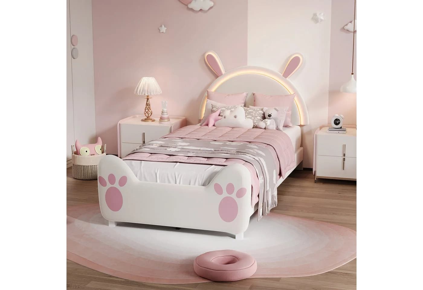 zebery Polsterbett mit LED-Licht und Samtstoff-Bezug Rosa