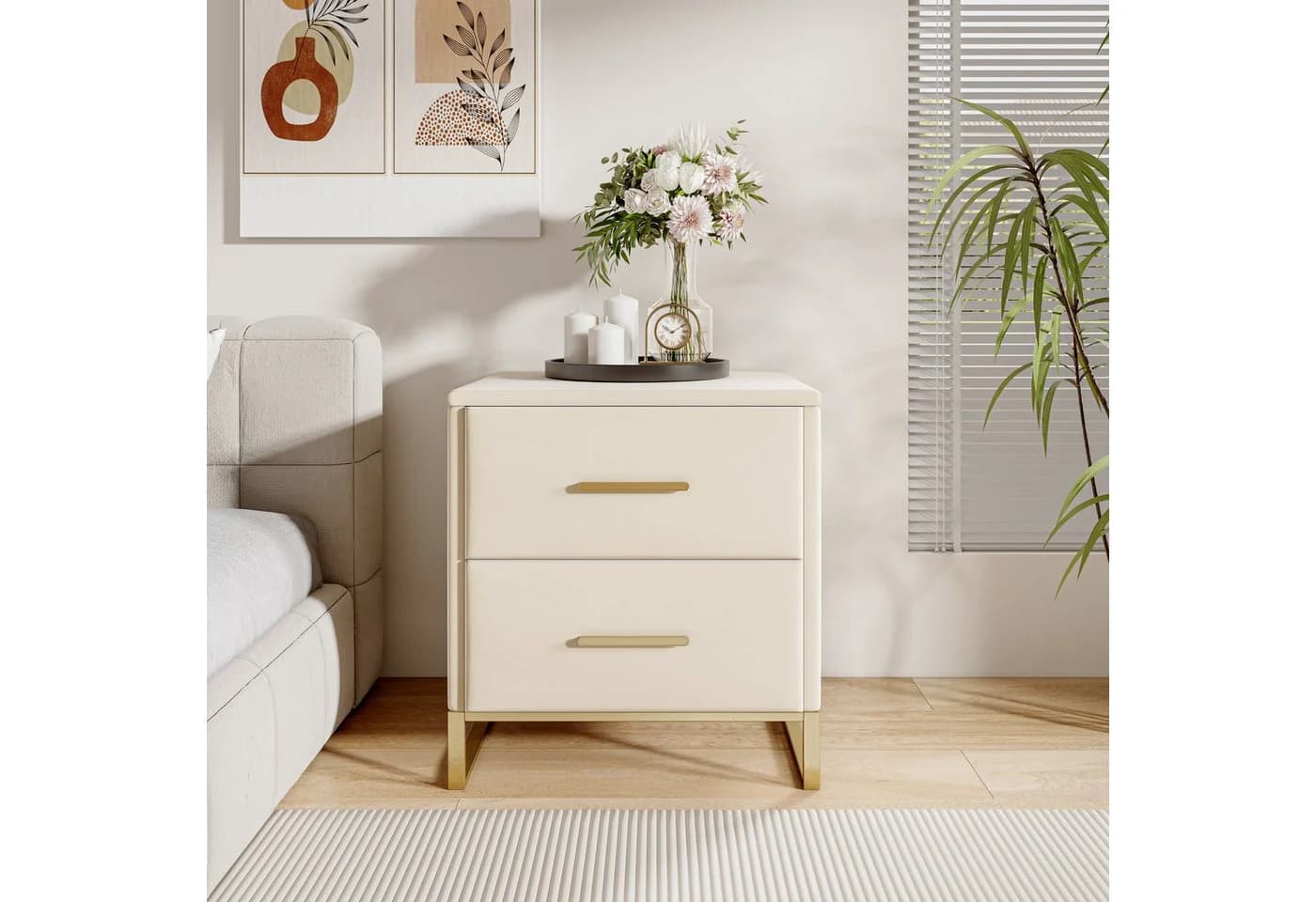 zebery Nachttisch 2er-Set Beige Samt mit 2 Schubladen